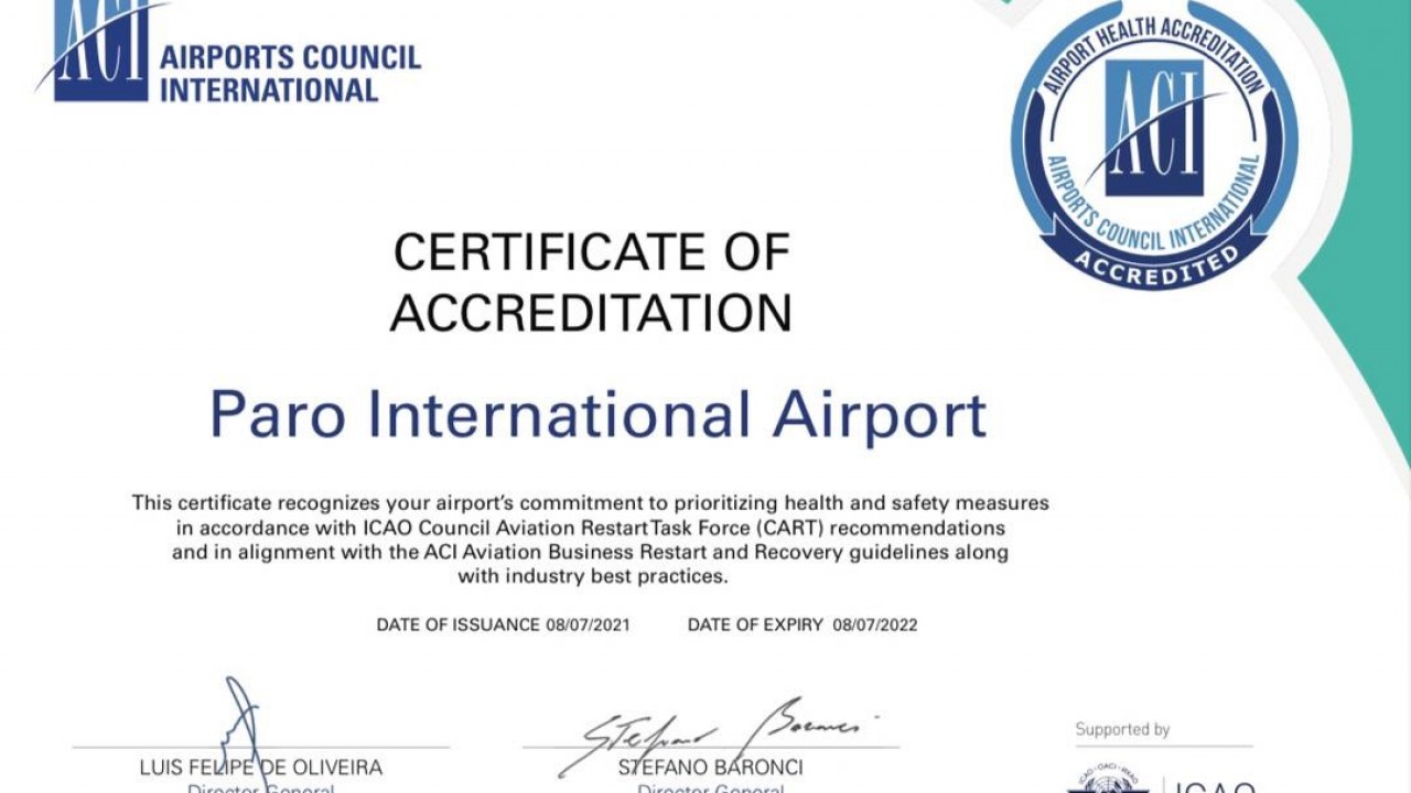 Paro International Airport is Certified as a Safe Airport for Travellers